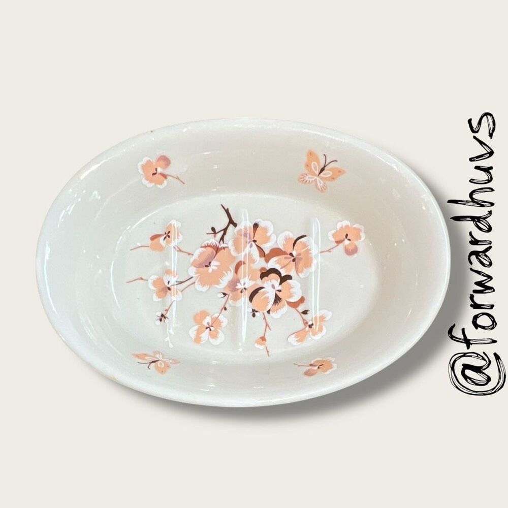 Vintage Ceramic Soap Dish – Peach Floral & Butterfly Design – Made in Japan